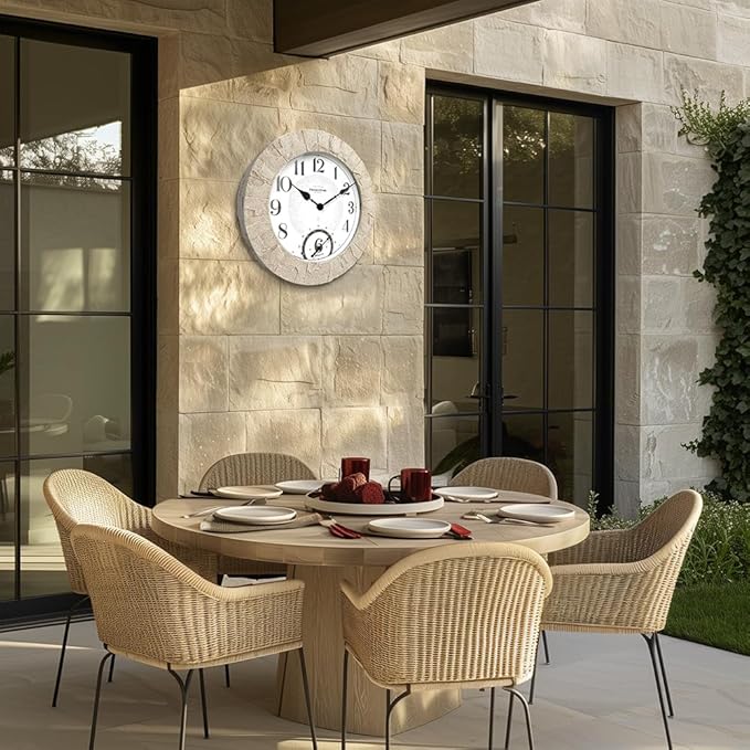 Presentime & Co 14" Illuminated in/Outdoor Clock with Smart Sensor and Night Light, Waterproof, Large Wall Clock with Thermometer & Hygrometer, for Garden and Patio - Coastal Sandstone Finish.