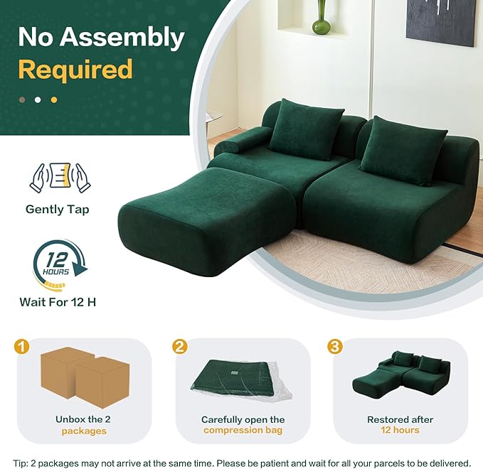 Modular L Shaped Sectional Couch, 114" Boneless Couches for Living Room with Deep Seat, Modern Lounge Sofa Sectional Sofa with Convertible Ottoman, Green Cloud Couch - No Assembly Required