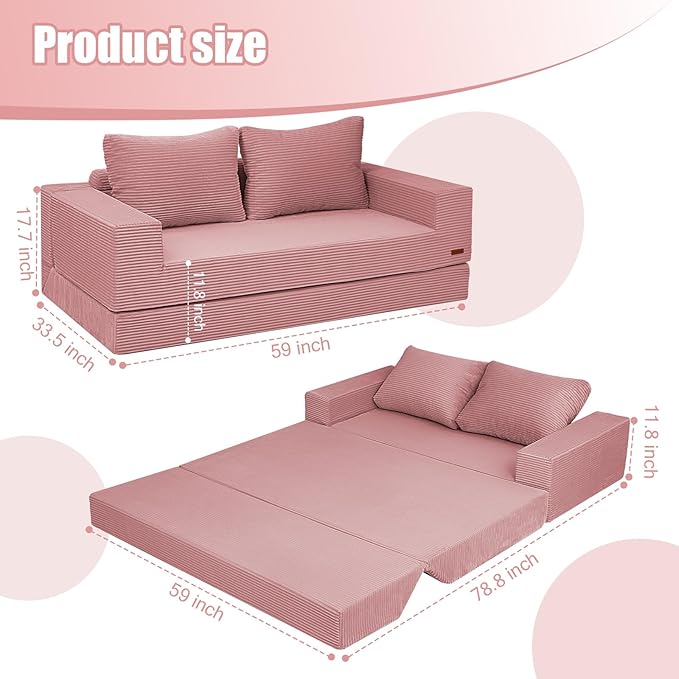 COMAX Convertible Sofa Bed Queen, Corduroy Folding Floor Couch Pull Out Couch Bed Futon Sleeper with Pillows, Fold Out Boneless Sofa Comfy Lounge Mattress Loveseat for Living Room Bedroom, Pink