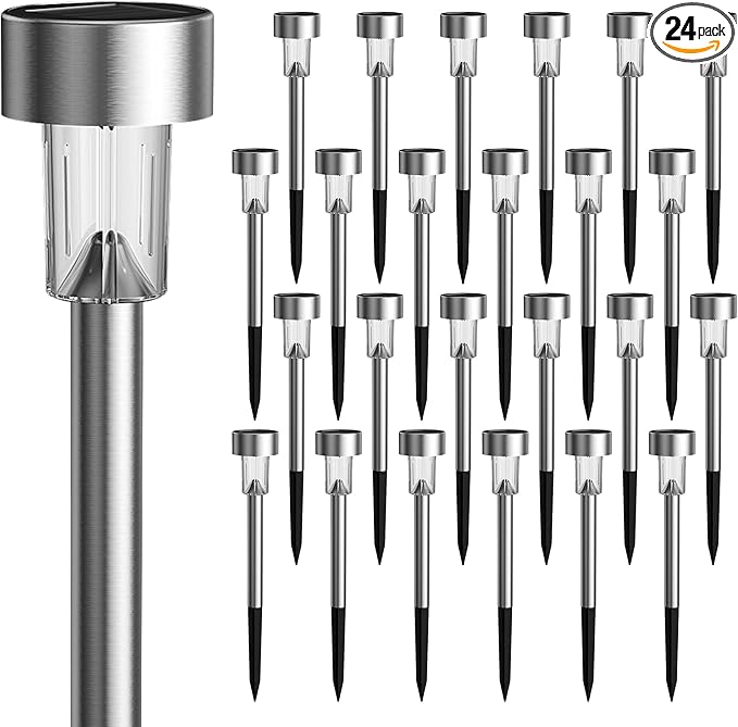 GIGALUMI 24 Pack Solar Path Lights Outdoor,Solar Lights Outdoor Waterproof,Stainless Steel LED Landscape Lighting,Solar Garden Lights for Driveway,Pathway,Patio,Yard