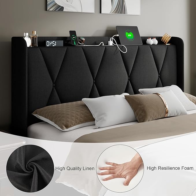 Feonase Queen Bed Frame with 4 Storage Drawers, Upholstered Platform Bed with Charging Station, Wingback Storage Headboard, Wooden Slats Support, No Box Spring Needed, Easy-Assembly, Black