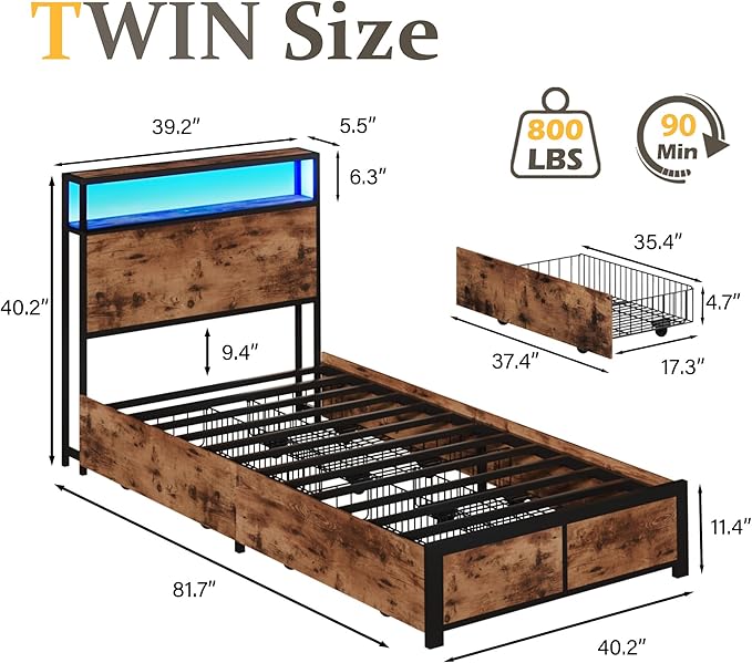Lifezone Twin Bed Frame with 2-Tier Storage Headboard, Metal Platform Bed Frame with 4 Storage Drawers, Built in Charging Station & LED, Noise-Free/Metal Support/No Box Spring Needed, Vintage Brown