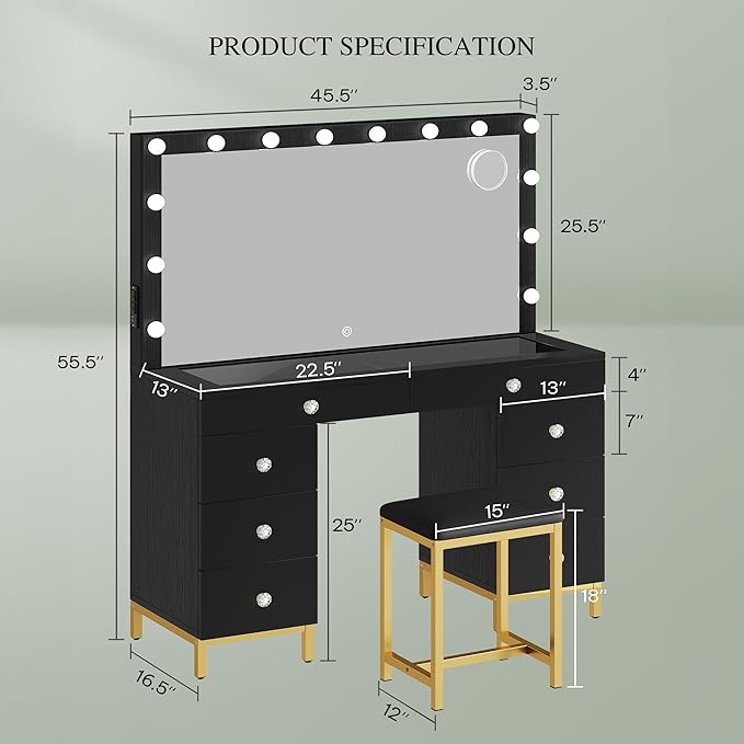 DWVO Black Vanity Desk with Mirror: Makeup Table Set with 14 LED Lights & Charging Station Magnifying Mirror, 3 Light Modes, 8 Drawers and Storage Stool
