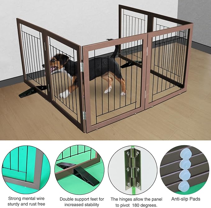 ZJSF Freestanding Dog Gate Indoor, Foldable Dog Fence for Doorways,Hallways or Stairs, Sturdy Wood Extra Wide Pet Gate with Support Feet,Brown,32 "Height-6 Panels