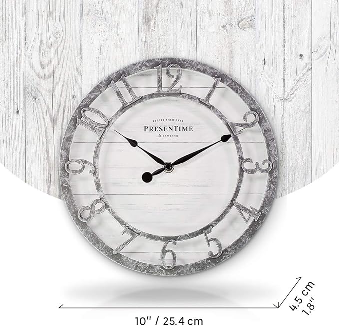 Presentime & Co 10" Farmhouse Series Wall Clock, Quartz Movement, Shiplap Style, Raised 3D Arabic Numeral, Galvanized Finish