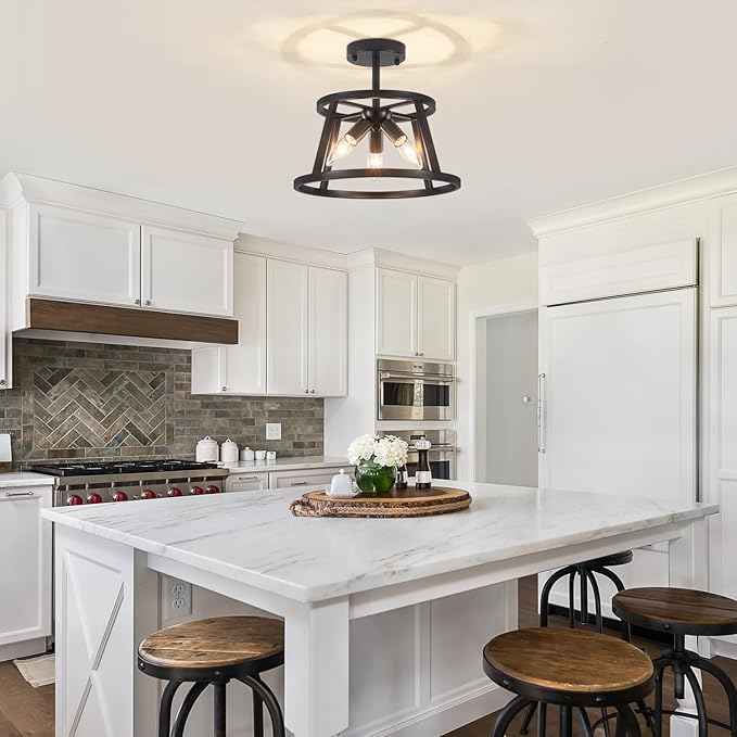 12.59" Black Semi Flush Mount Ceiling Light, 3-Light Modern Close to Ceiling Light Fixtures, Hallway Light Fixtures, Metal Ceiling Lamp for Entryway Bedroom Laundry Dining Room Lighting, UL Listed