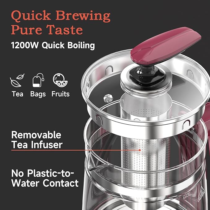 Hot Tea Maker Glass Electric Kettle with Tea Infuser and Temperature Control,1.5L Stainless Steel Tea Maker & 1200W Rapid Boiling,Programmable Control for your Favorite Teas and Coffee,Red
