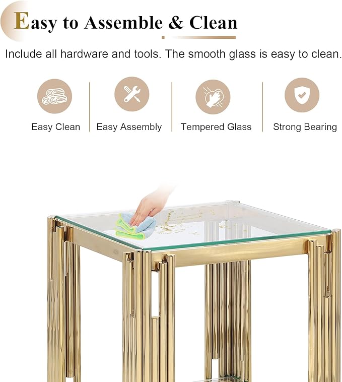 Goujxcy Glass Coffee Table and End Table Set of 3, Luxury Coffee Table Set with Tempered Glass & Gold Stainless Steel Legs, 3 Piece Living Room Table Set for Bedroom Home Office