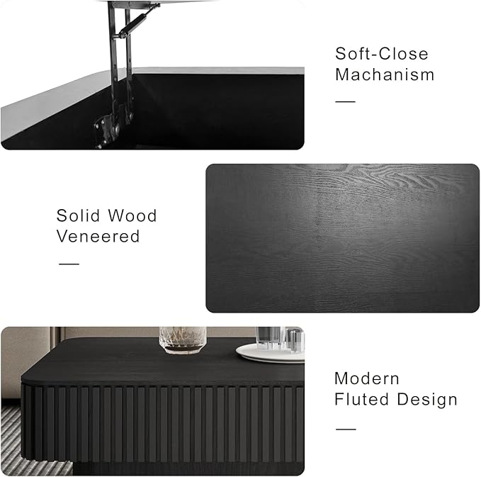 38.6" Lift Top Coffee Table with Storage, Fluted Coffee Table with Solid Wood Veneered, Mid Century Modern Wooden Center Table, Accent Tea Table for Living Room Apartment, Black