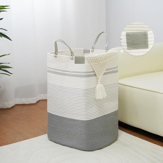 danpinera 100L Nursery Hamper, Tall Woven Laundry Basket with Long Leather Handles, Boho Laundry Hamper for Living Room & Bedroom, Eco-friendly & Convenient Decorative Storage Basket White & Gray