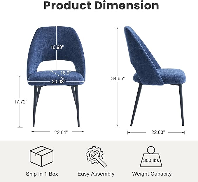 Rowill Boucle Dining Chairs Set of 2, Morden Upholstered Dining Room Kitchen Chairs with Metal Legs for Living Room, Bedroom, Restaurant, Blue