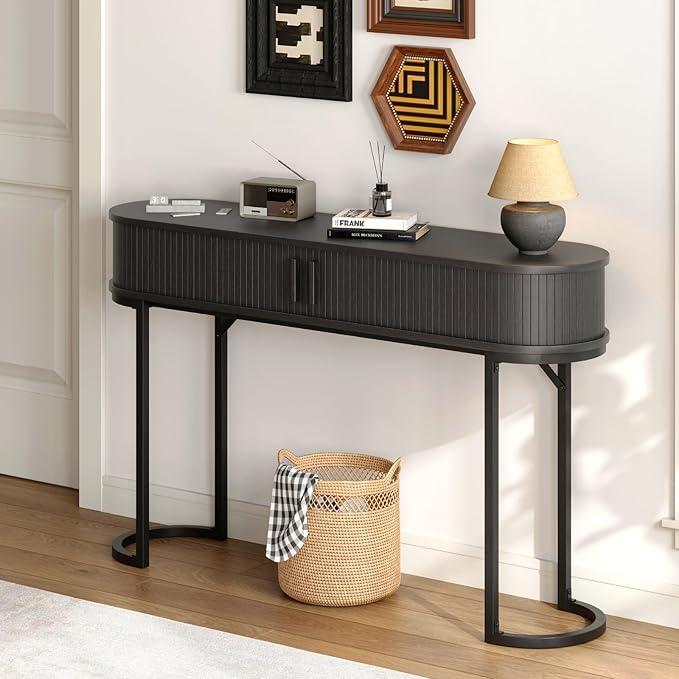 ONBRILL 55 Inch Console Table with 2 Drawers, Entryway Table with Sliding Door, Long Sofa Table Behind Couch w/Metal Leg, Mid-Century Modern Console Table for Entryway, Hallway, Living Room,Black