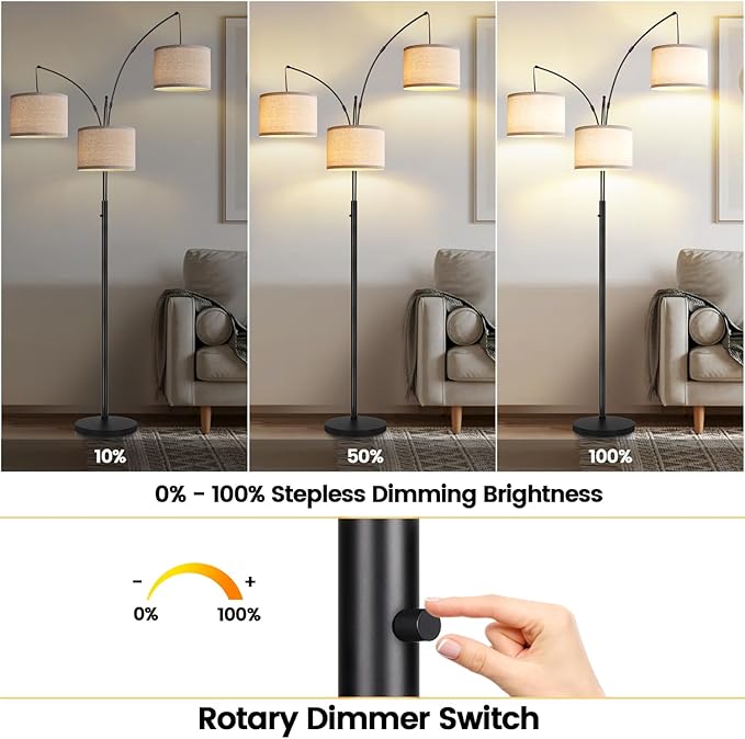 Dimmable Floor Lamp - 3 Lights Arc Floor Lamps for Living Room, 1000LM Modern Tall Standing Lamp with White Shades & Heavy Base, Mid Century Tree Floor Lamp for Bedroom Office, 3 LED Bulbs Included