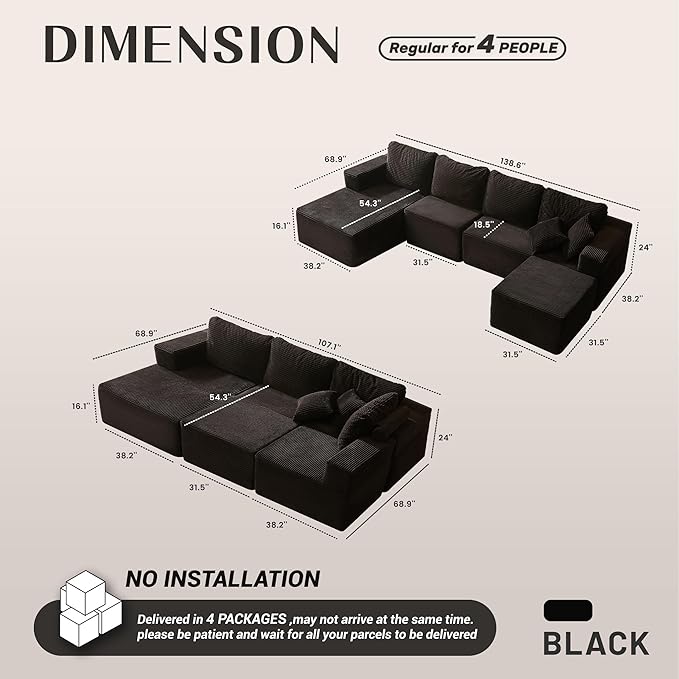 138" Boneless Couch with Deep Seat, Modular Sectional Sofa, Cloud Sectional Couch for Living Room, No Assembly Required, Corduroy, U-Shape 4 Seater Left, Black