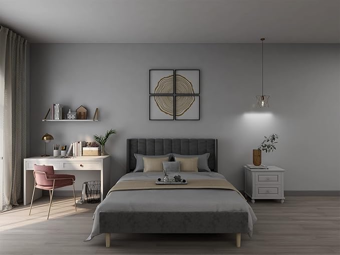 Low Profile Upholstered Platform Bed,Full Beds with Dark-Grey(Velvet)