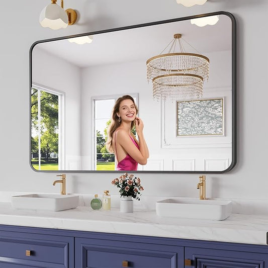 Koonmi Bathroom Mirror, 36X55 Brushed Black Rectangle Wall Mirror, HD Tempered Glass, Anti-Rust Frame Vanity Mirror, Rounded Rectangle Mirror for Restroom, Bedroom, Hangs Horizontal or Vertical