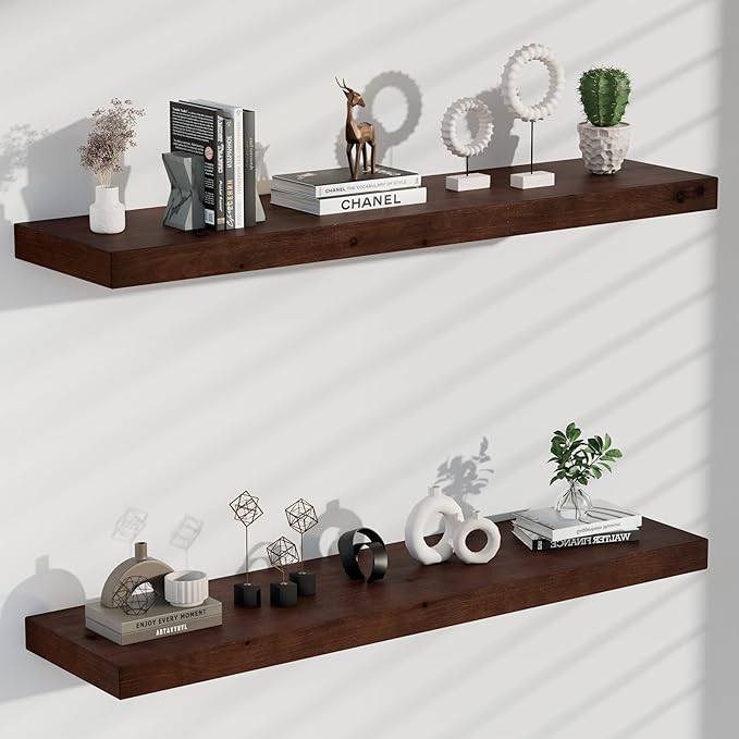 foxsky 36 Inch Solid Pine Wood Floating Shelves for Wall with Hidden Brackets, Rustic Farmhouse Wall Mounted Shelf for Bathroom, Living Room, Bedroom, Kitchen, Office Decor (Walnut)