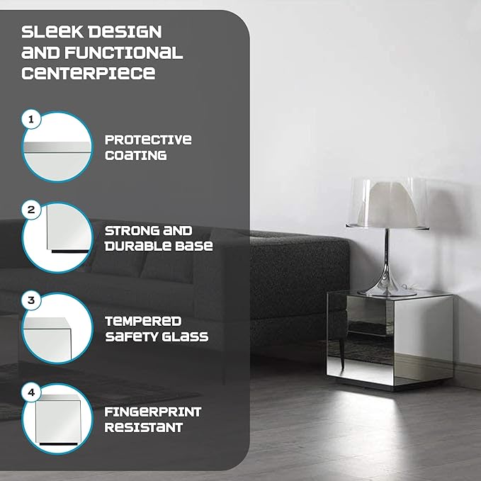 SONOROUS Premium Tempered Glass Side Table - Luxury Nightstand & Bedside Table for Bedroom or Living Room - High Gloss End Table in Mirror Finish - Sleek Cube Design with Fingerprint Resistant Glass