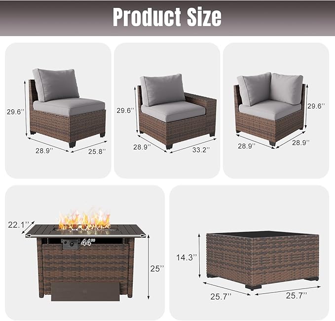 Aoxun 13 Pieces Patio Furniture Set with 44” Fire Pit Table Wicker Rattan Outdoor Sectional Conversation Set with Coffee Table and 4” Thickened Cushions, Gray(Waterproof Cover Included)