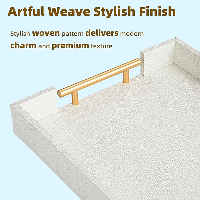 2 Piece Woven Leather Ottoman Tray with Gold Handles, Perfect Rectangular Serving Tray for Living Room, Coffee Table Tray as Thoughtful Gift for Home Decor Enthusiasts (White)