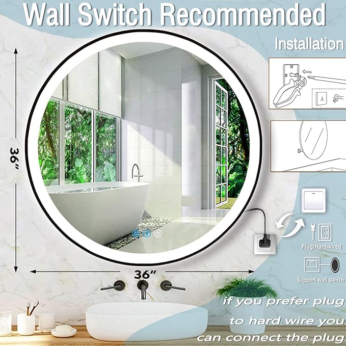 36 Inch Round Black Frame LED Bathroom Mirror with Lights for Bathroom Wall Lighted Vanity Mirrors Anti Fog 3 Color Dimmable Circle Bathroom LED Smart Light Mirrors Makeup Vanity LED Mirror