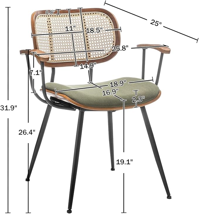 Rattan Dining Chairs Set of 4, Mid Century Modern Kitchen Side Chair, Metal Legs Desk Chair, Linen Fabric Accent Chair with Arms and Rattan Backrest, Beige