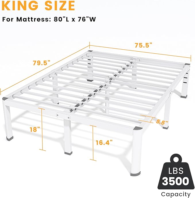 18 Inch King Size Metal Bed Frame with Round Corners, Storage Space Under High Bed Frame-Heavy Duty Steel Slats Support, Noise Free - Easy Assembly - No Box Spring Needed,White