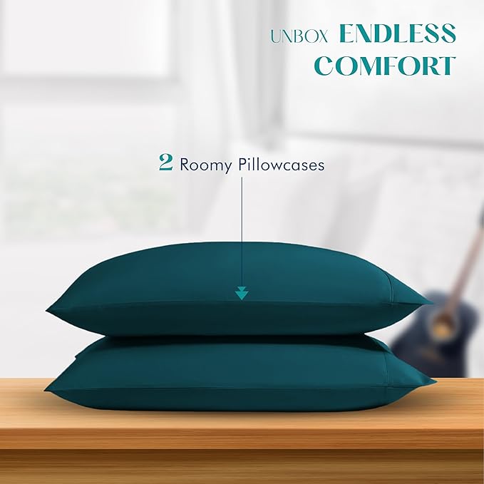 XOOX Linen 100% Egyptian Cotton Pillow Cases King Size Set of 2 - Luxury 1200 Thread Count Sateen Teal Pillow Covers, Soft & Breathable 5 Star Hotel-Quality Pillowcases, Fits King Size Pillows
