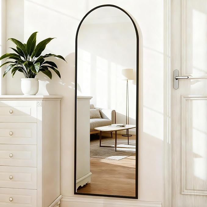 MISSDAY 64"x21" Arched Full Length Mirror, Black Full Body Mirror with Stand, Floor Mirror Long Free Standing, Leaning or Hanging, Aluminum Thin Frame Wall-Mounted Mirrors Wall Mirrors for Bedroom