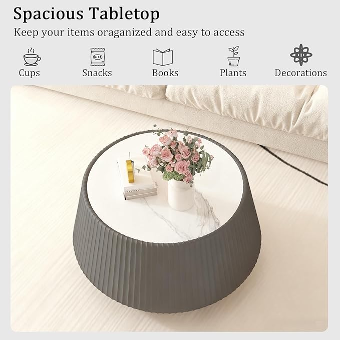 Round Coffee Table Set with Sintered Stone Tabletop, 26.77" Grey Drum Center Table and 19.68" White Coffee Table Set, 2 Pieces Living Room Table Set with Fluted PU Leather Cover& Stable Base