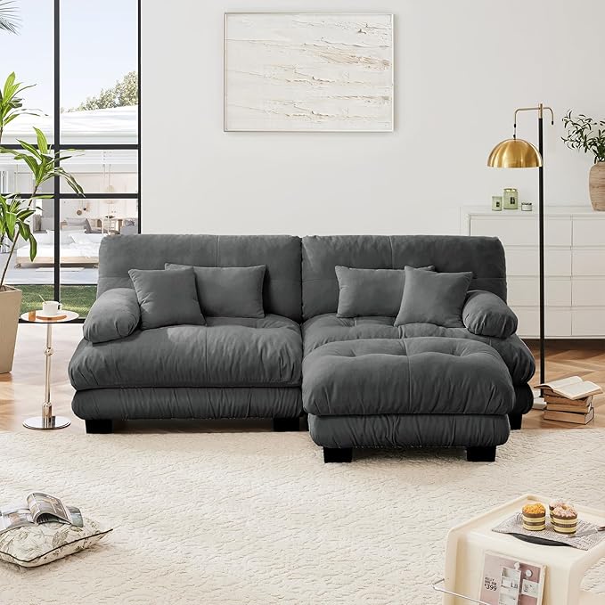 94.4" Loveseat Sofa, 2 Seater Modular Sectional Sofa, Grey Large L Shaped Sectional Fluffy Couch, Chenille Cloud Couch with Ottoman, Deep Seat Sofas for Living Room