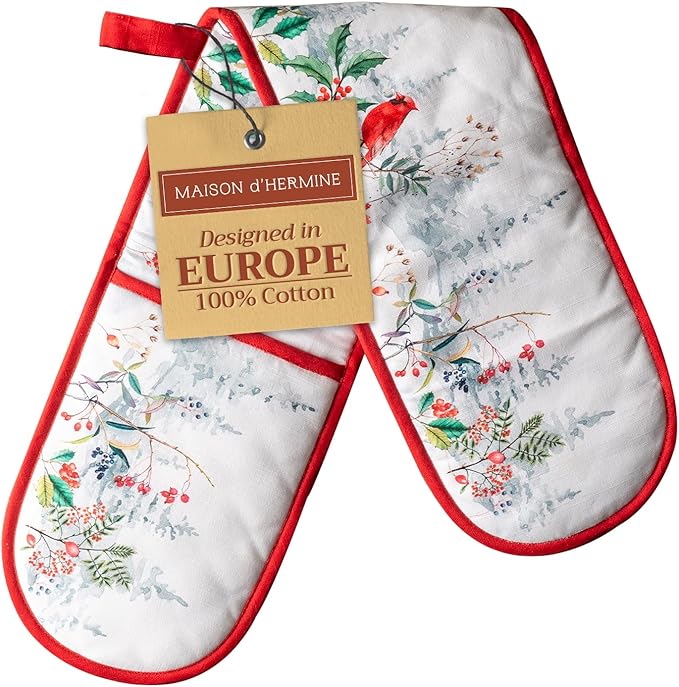 Maison d' Hermine Double Oven Mitt (7" x 35") 100% Cotton Heat Resistant BBQ Cooking Gloves with Loop for Thanksgiving Christmas Decorations Baking Cooking Barbeque Handling Hot Pan (Morzine)