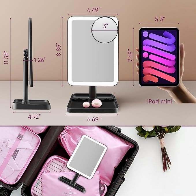 FUNTOUCH Vanity Mirror with Lights, Rechargeable 10X Magnification 3 Color Lighting Portable Tabletop Cosmetic Make Up Mirror, 360° Rotation Led Light up Mirrors with Storage,White