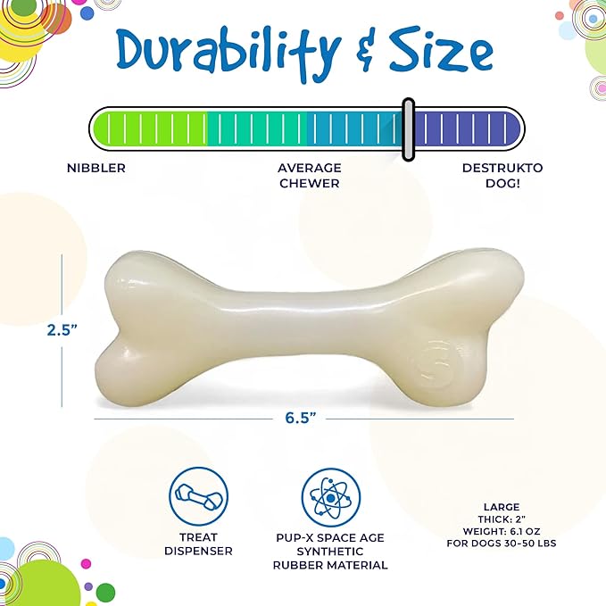 SodaPup Glow Bone – Durable Dog Treat Dispenser & Chew Toy Made in USA from Non-Toxic, Pet Safe, Food Safe Natural Rubber for Mental Stimulation, Problem Chewing, Calming Nerves & More