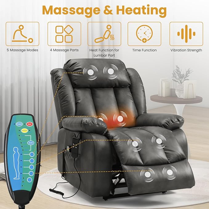 PARKOL Dual Motor Power Lift Recliner Chair for Elderly, 180-Degree Infinite Position Lay Flat Leather Recliner Chairs, with Massage and Heating, USB & Type-C Port and Remote (Sliver Gray, Medium)