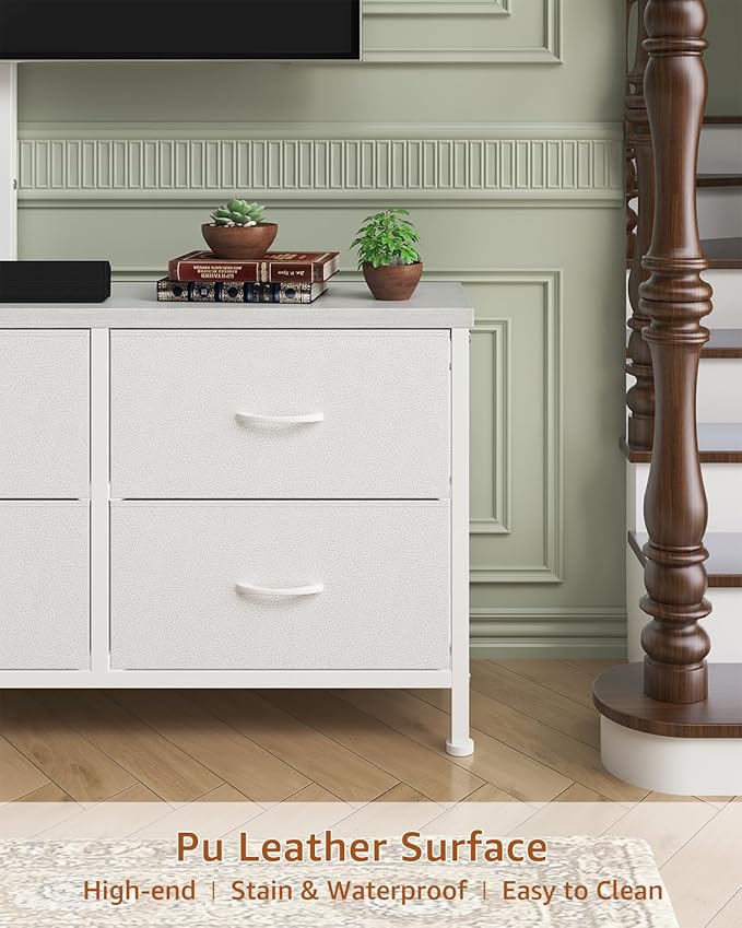 TV Stand with Mount, Fabric Dresser with 6 Drawers for 32/45/55/60/65/75 inch TVs, White Dresser Entertainment Center, Modern Media TV Console Table