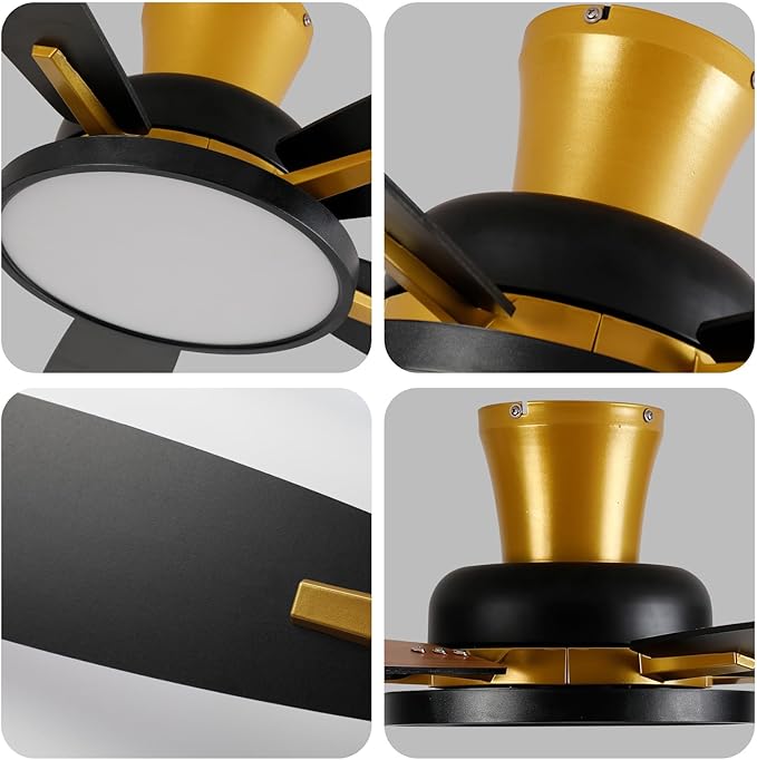 TALOYA 52 inch Ceiling Fans with Lights and Remote,Ultra Silent low profile Ceiling Fan with Three Color Temperature and Dimmable Light with Reversible Blades Black Gold