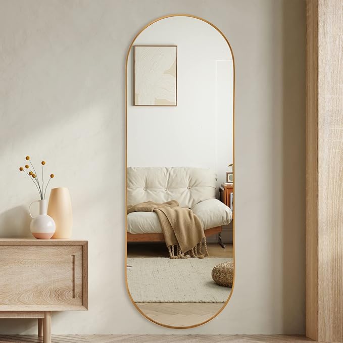 Oval Full Length Mirror, 65"×22" Wall-Mounted Floor Mirror with Metal Frame, Ultra-Clear Explosion-Proof Dressing Mirror, Simple and Classic Deco for Cloakroom/Bedroom/Living Room, Gold