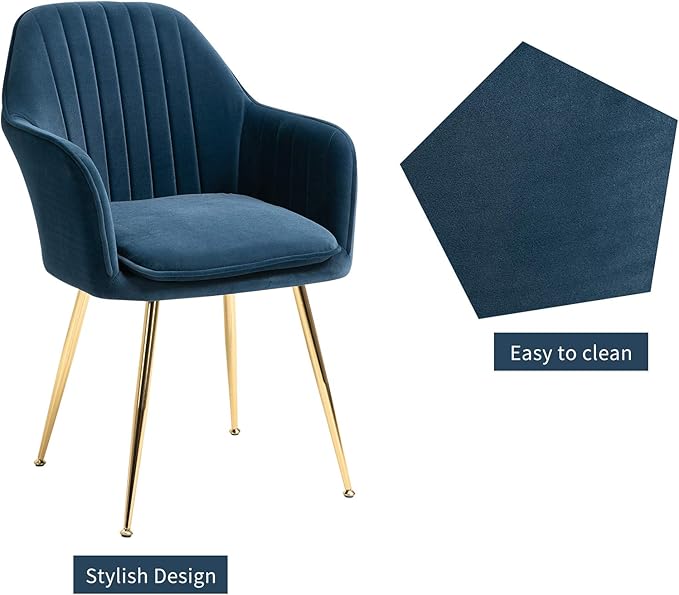 ECOTOUGE Matte Velvet Dining Chairs Set of 2, Modern Arm Chair with Golden Metal Legs, Living Room Accent Chairs for Kitchen, Blue
