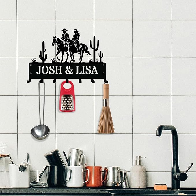 NIWAHO Personalized Western Couple Key Holder – Custom Metal Wall Sign with Hooks, Cactus and Horseback Riding Scene for Rustic Entryway or Desert Cabin Decor