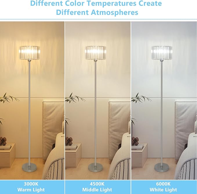 HMVPL Crystal Floor Lamp, Chrome Pole Floor Lamp with K9 Crystal Shade, Silver Standing Lamp with On/Off Switch, Modern Corner Tall Lamp for Living Room Bedroom Nursery Office Home Decor