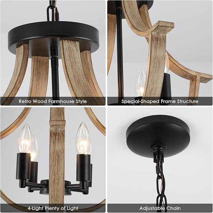 Farmhouse Hanging Pendant Lighting, 4-Light Rustic Flush Mount Ceiling Light Fixture,Modern Faux Wood Vintage Chandelier for Dining Room Kitchen Island Foyer Hallway Entryway Bedroom