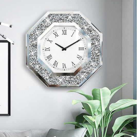 Wall Clock, Octagon Mirror Glass Clock, Cute Diamond 20-inch Non-Ticking Clock for Wall Décor, Perfect Home Decor for Bedroom, Bathroom Motif, Dining Room(Excluding Batteries.)