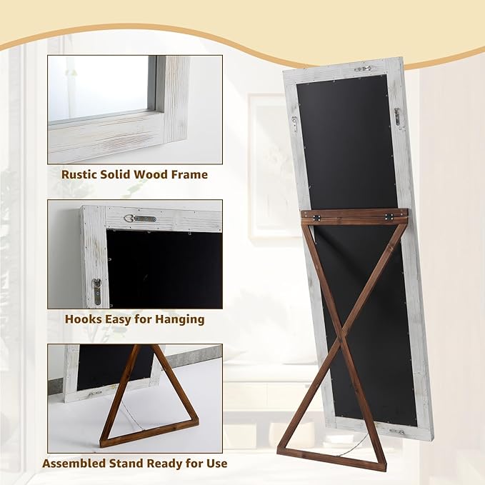 MELOMOIR Rustic Farmhouse Full Length Mirror with Wood Frame, 56"x21" Long Mirror for Bedroom Living Room Cloakroom, Free Standing Hanging or Leaning, Weathering White