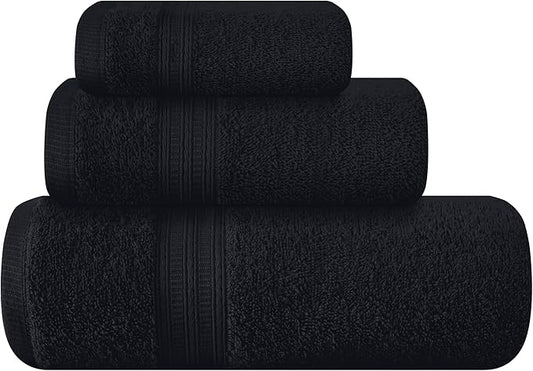 BOUTIQUO Ultra Soft 3 Pack Cotton Towel Set, Contains a Bath Towels 27x54 inch, a Hand Towels 16x24 inch & a Wash Coths 12x12 inch, Ideal Everyday use, Compact & Lightweight - Black
