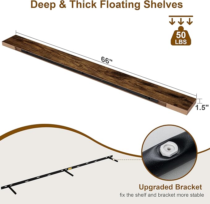 Fun Memories 66 Inch Fireplace Mantel - Long Floating Shelf, Wall Mounted Farmhouse Display with Invisible Heavy Duty Metal Bracket, Brown, 2 Pack