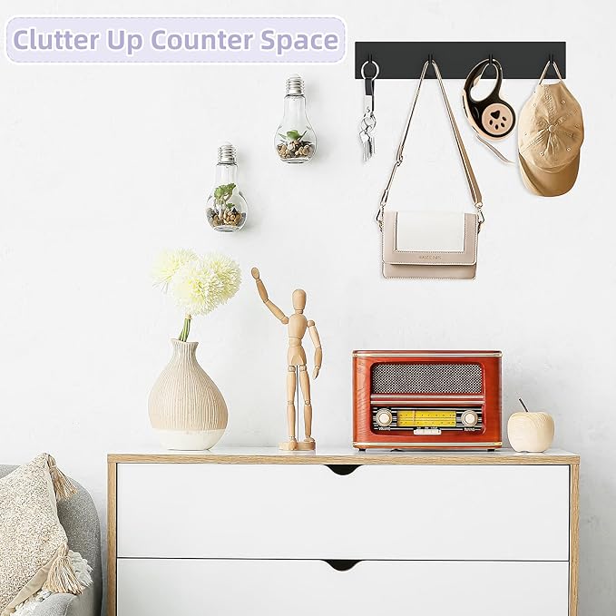 VIS'V Key Holder Wall Mount, Large Metal Self Adhesive Key Hanger with 4 Hooks, No Drilling, Extra Adhesive Strip, Black