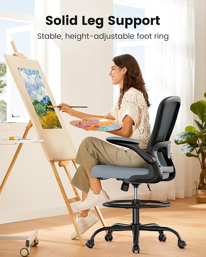 ErGear Drafting Chair,Tall Office Chair with Flip-Up Armrests, High Desk Chair Adjustable Height and Adjustable Footrest Ring, Ergonomic Standing Desk Chair with Lumbar Support, Blue