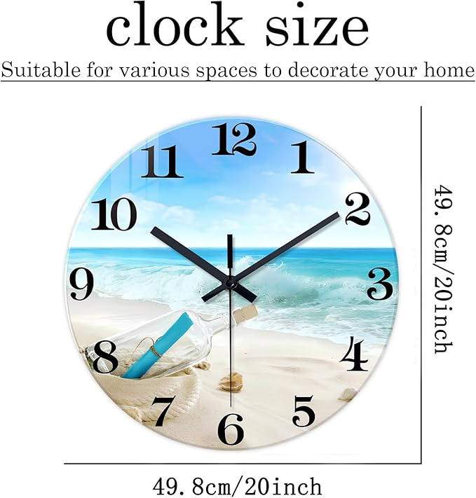 XNM Glass Large Wall Clocks for Living Room Decor 20 Inch Blue Beach Clock Non Ticking Battery Wall Clock Modern