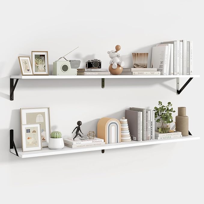 Axeman White Floating Shelves for Wall 48 Inch | 47.3W x 8D Rustic Wood Floating Shelves Set of 2 | 8 Inch Deep Long Wall Shelves for Bathroom Kitchen Living Room | Bookshelf Display Shelves